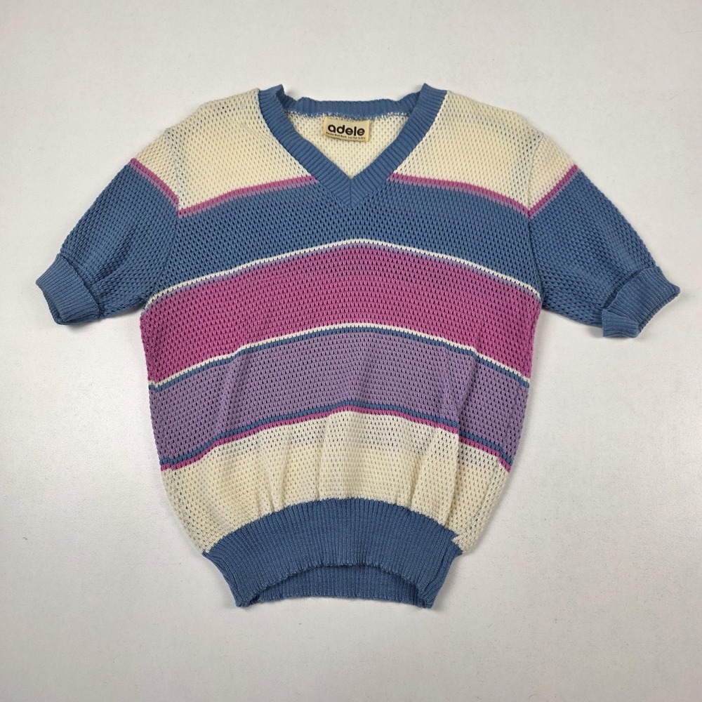 Vintage Adele Sweater Womens Small Blue Pink Striped Mesh Knit‎ V Neck 80s